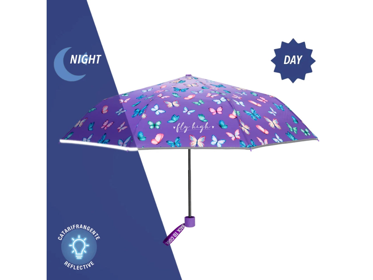 Ombrello tascabile da ragazza con farfalle viola, apertura manuale  - Perletti
