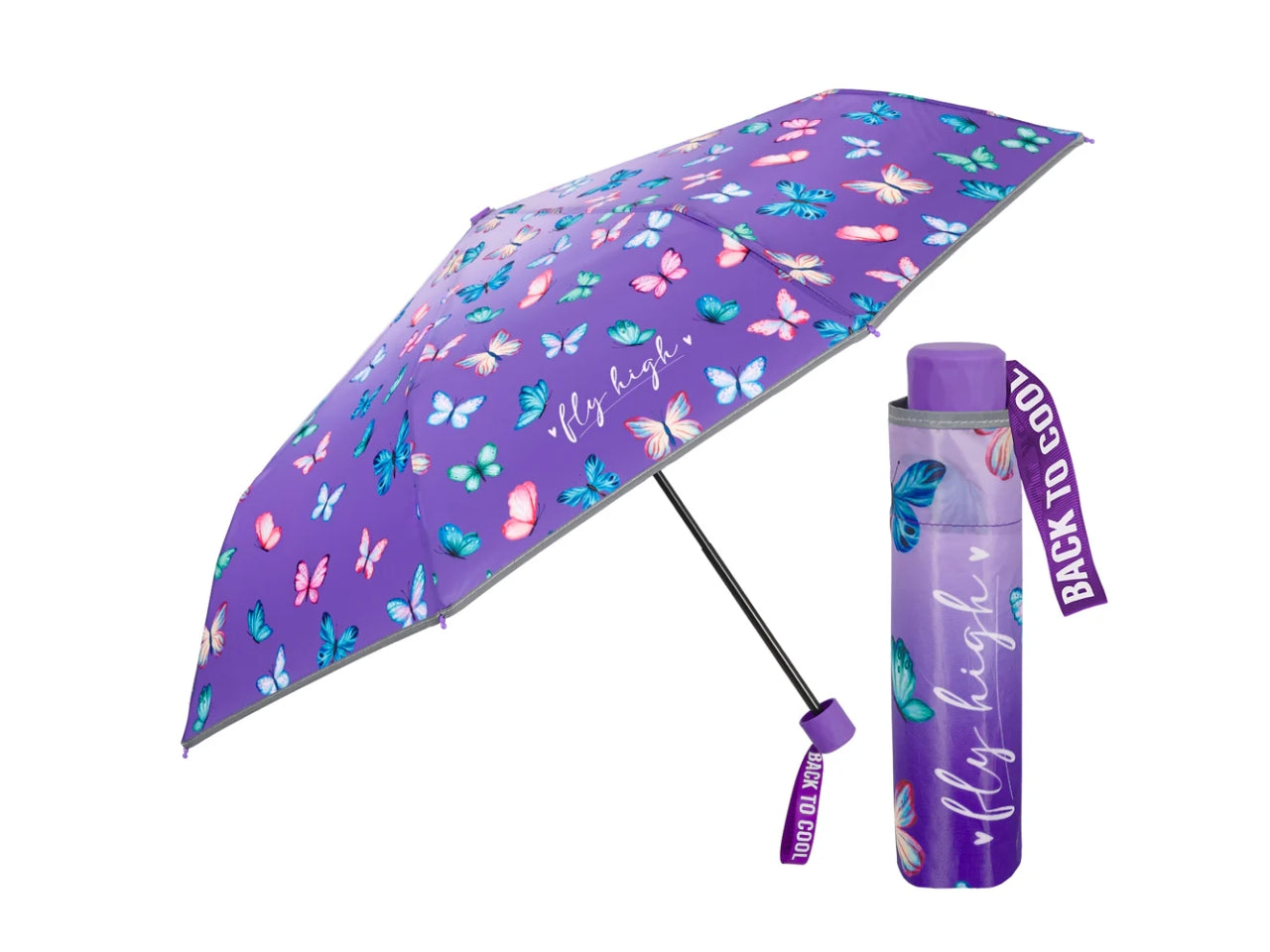 Ombrello tascabile da ragazza con farfalle viola, apertura manuale  - Perletti