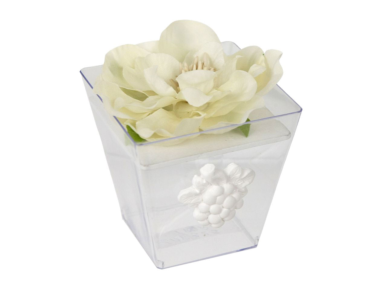 Scatola in pvc 7x7x7cm con peonia e gessetto uva color avorio