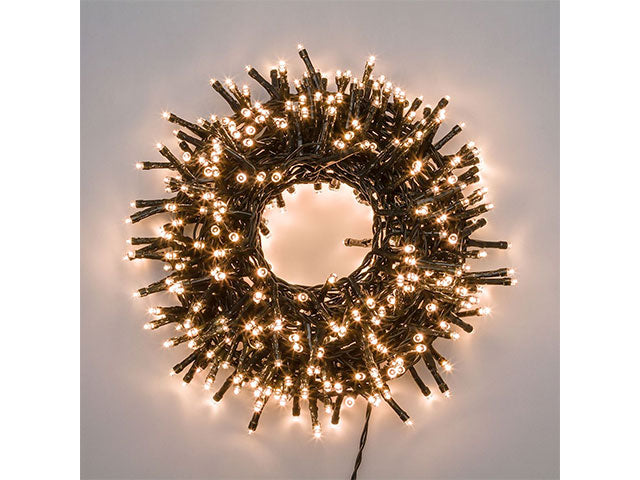 Catena 1500led bianco caldo con 8 giochi di luce, filo verde 4+30,5mt uso interno/esterno per alberi h.240-300cm