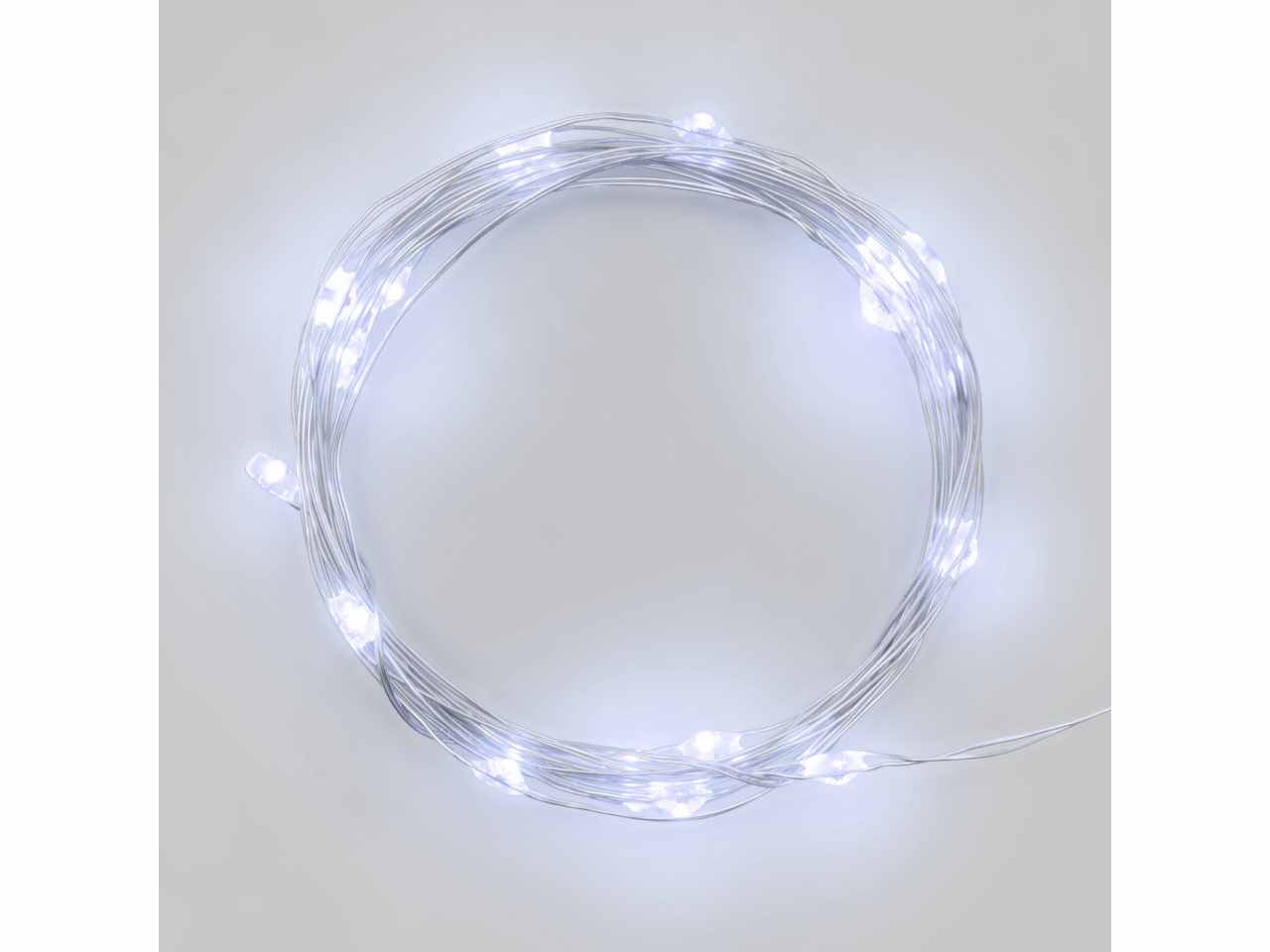 Filo metallo argento 2mt con 20micro led bianco freddo luce fissa a batteria 2xcr2032 incluse