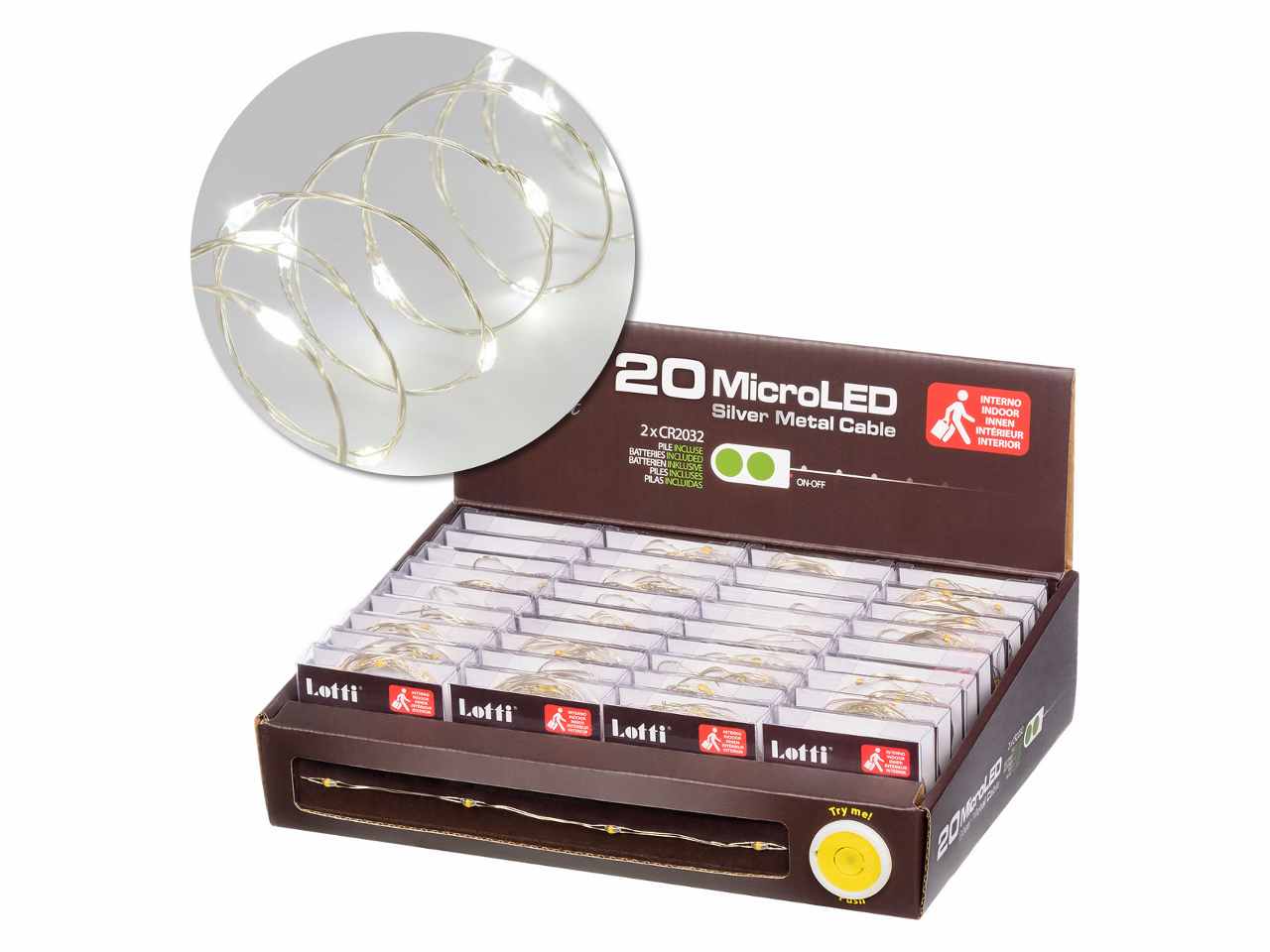 Filo metallo argento 2mt con 20micro led bianco freddo luce fissa a batteria 2xcr2032 incluse