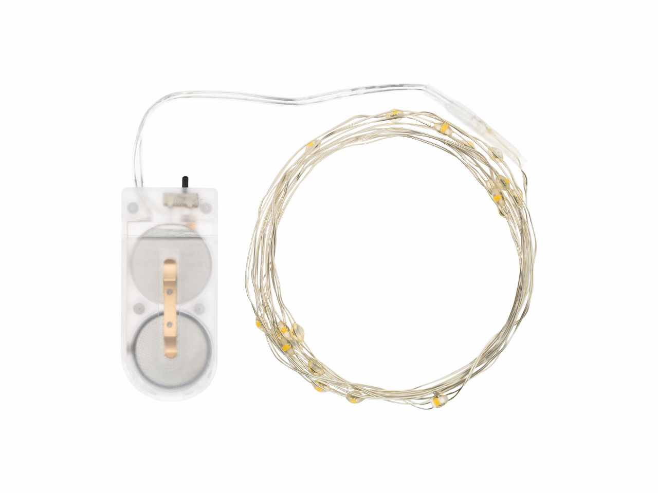 Filo metallo argento 2mt con 20micro led bianco caldo luce fissa a batteria 2xcr2032 incluse