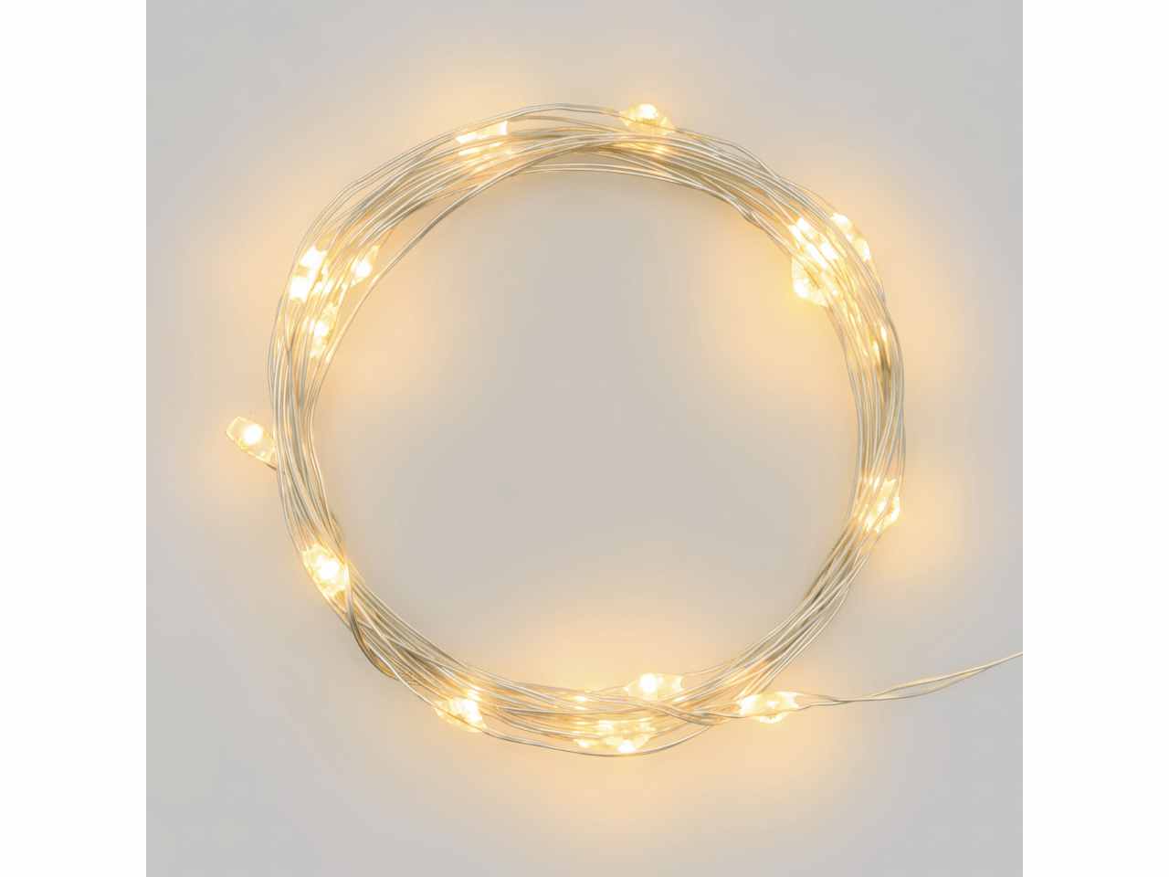 Filo metallo argento 2mt con 20micro led bianco caldo luce fissa a batteria 2xcr2032 incluse