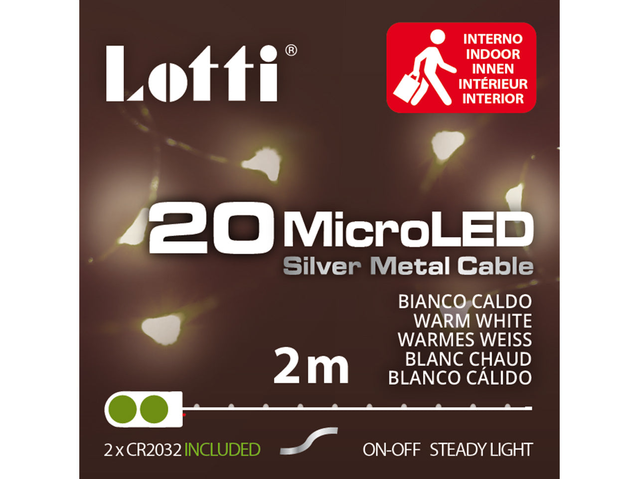 Filo metallo argento 2mt con 20micro led bianco caldo luce fissa a batteria 2xcr2032 incluse