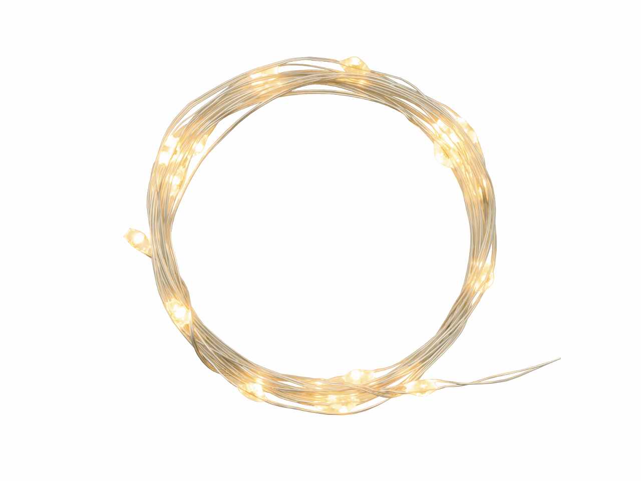 Filo metallo argento 2mt con 20micro led bianco caldo luce fissa a batteria 2xcr2032 incluse