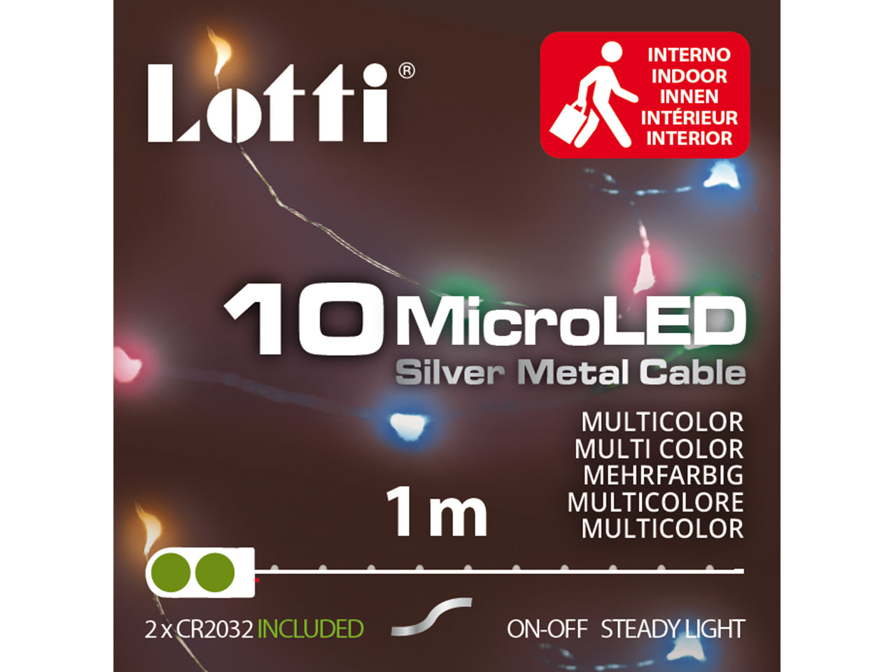 Filo metallo argento 1mt con 10micro led multicolor luce fissa a batteria 2xcr2032 incluse