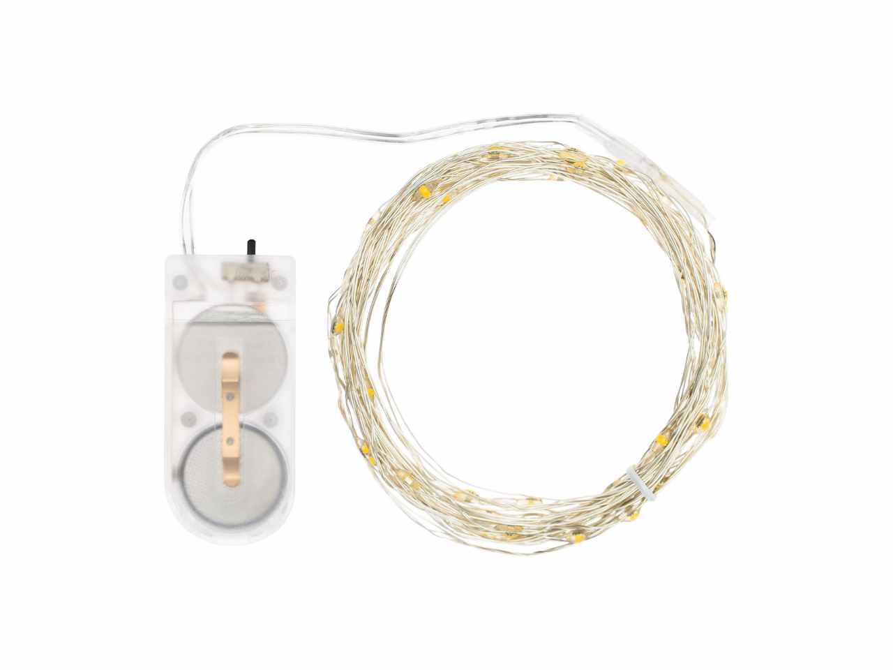 Filo metallo argento 4mt con 40micro led bianco freddo luce fissa a batteria 2xcr2032 incluse