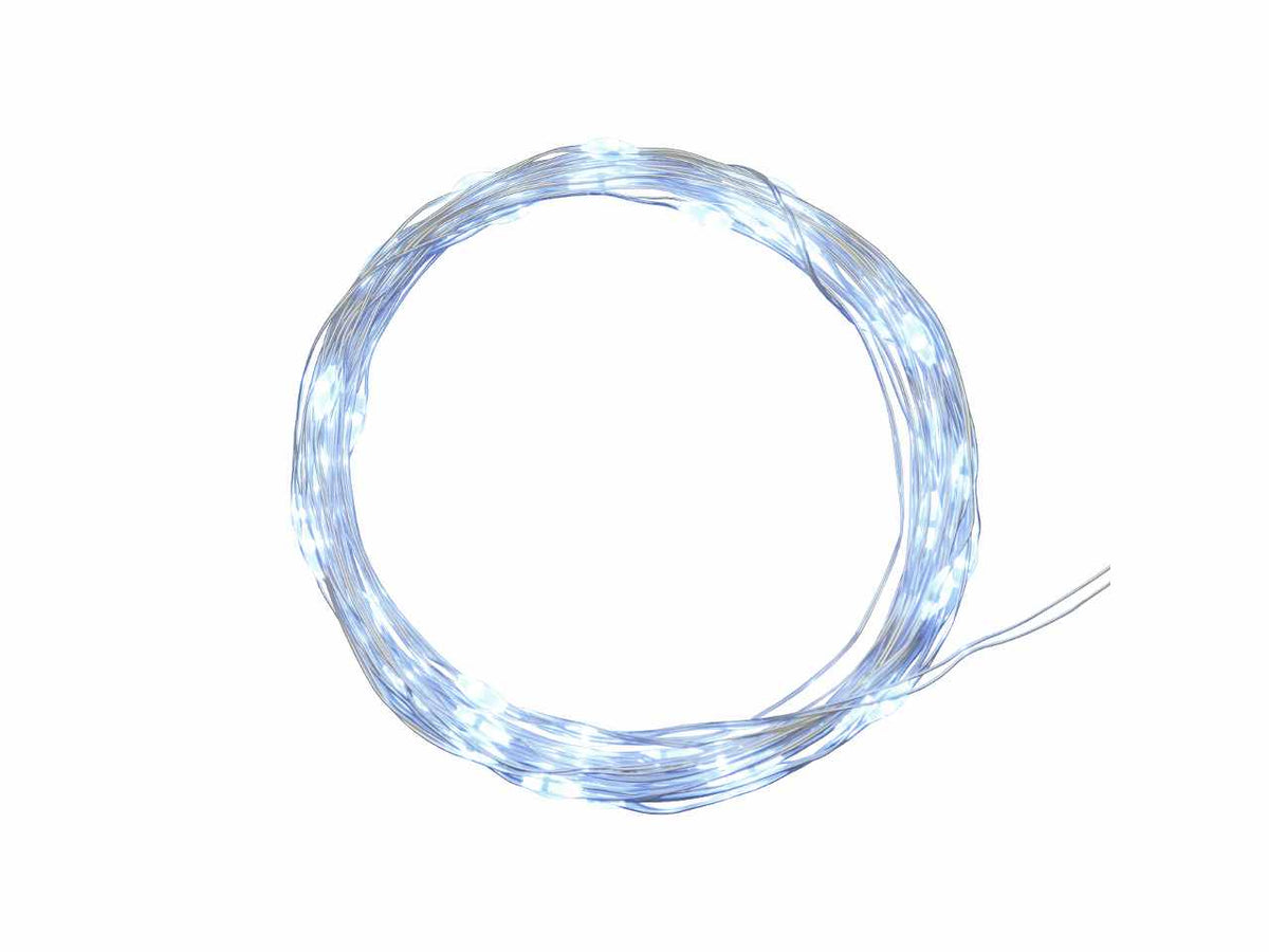 Luci con filo in metallo argento 4mt, 40 micro led bianco freddo, luce fissa, a batteria 2xCR2032 incluse