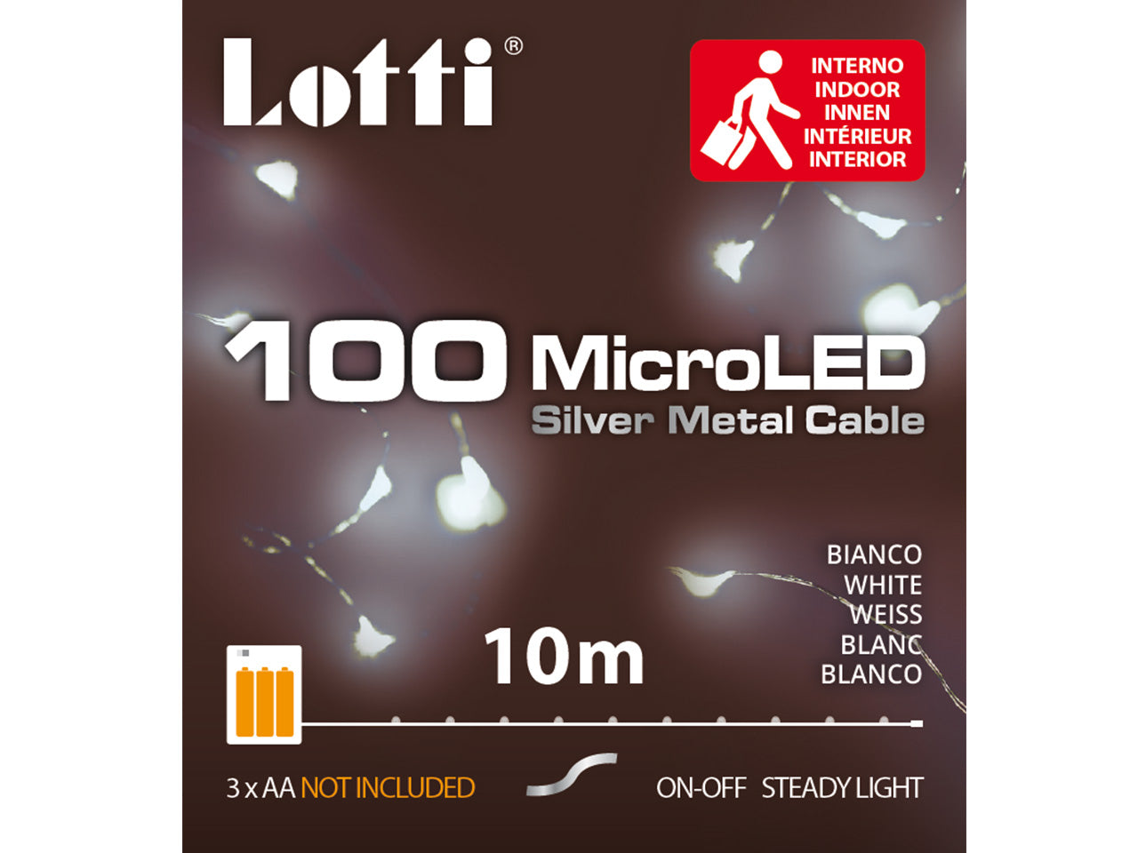 Filo metallo argento 10mt con 100micro led bianco freddo luce fissa a batteria 3xAA1,5V non incluse