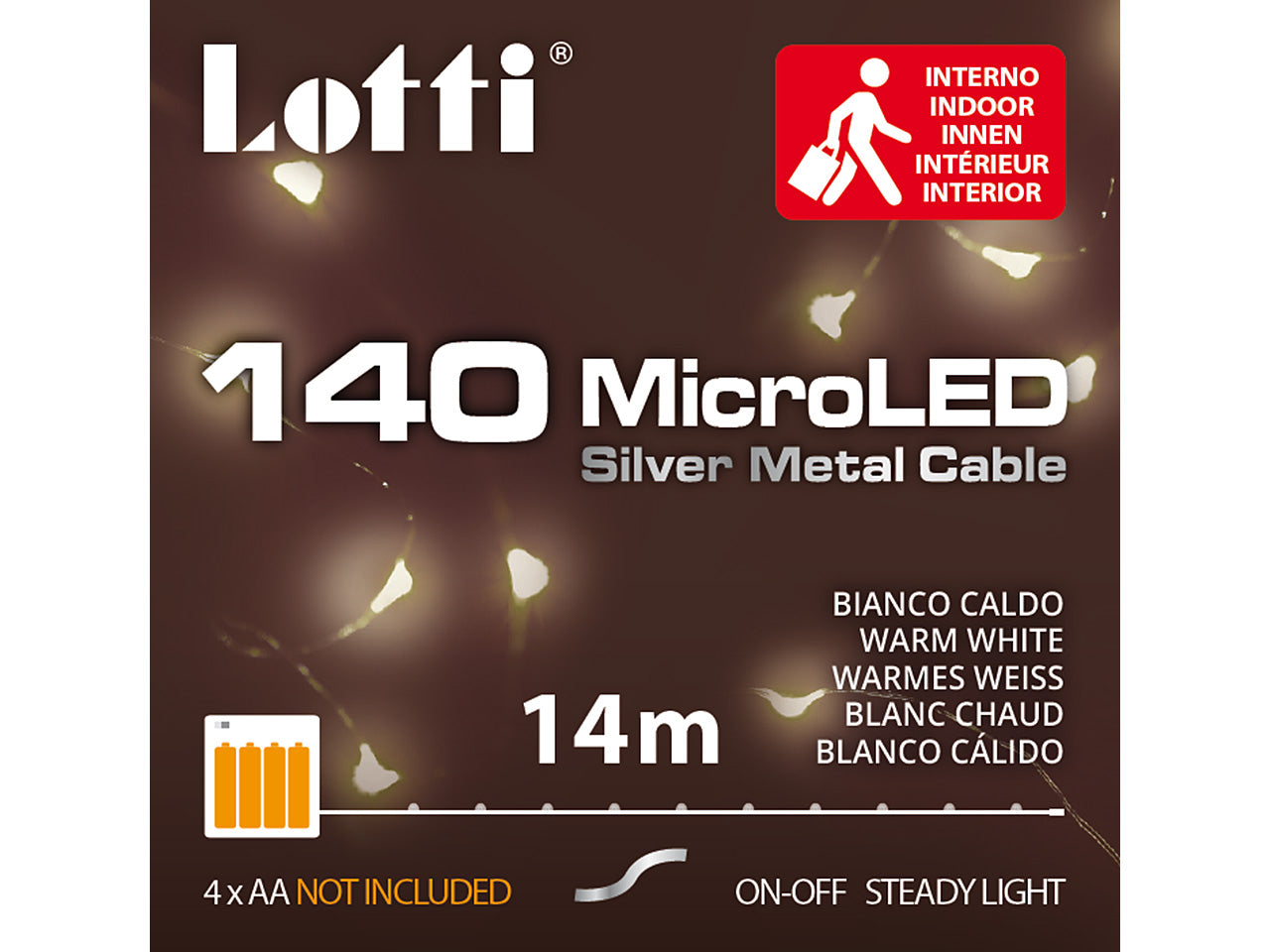 Filo metallo argento 14mt con 140micro led bianco caldo luce fissa a batteria 4xAA1,5V non incluse