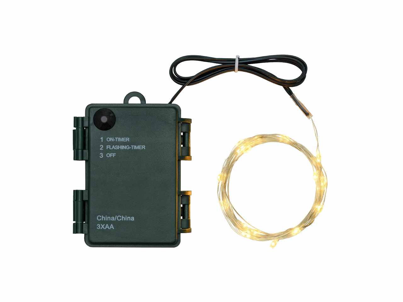 Filo metallo argento 4mt con 40micro led bianco caldo, giochi di luce a batteria 3xAA1,5V (non incluse) per uso interno/esterno IP44