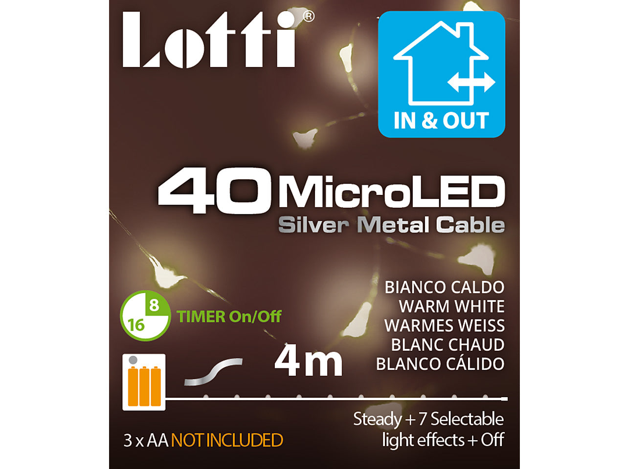 Filo metallo argento 4mt con 40micro led bianco caldo, giochi di luce a batteria 3xAA1,5V (non incluse) per uso interno/esterno IP44