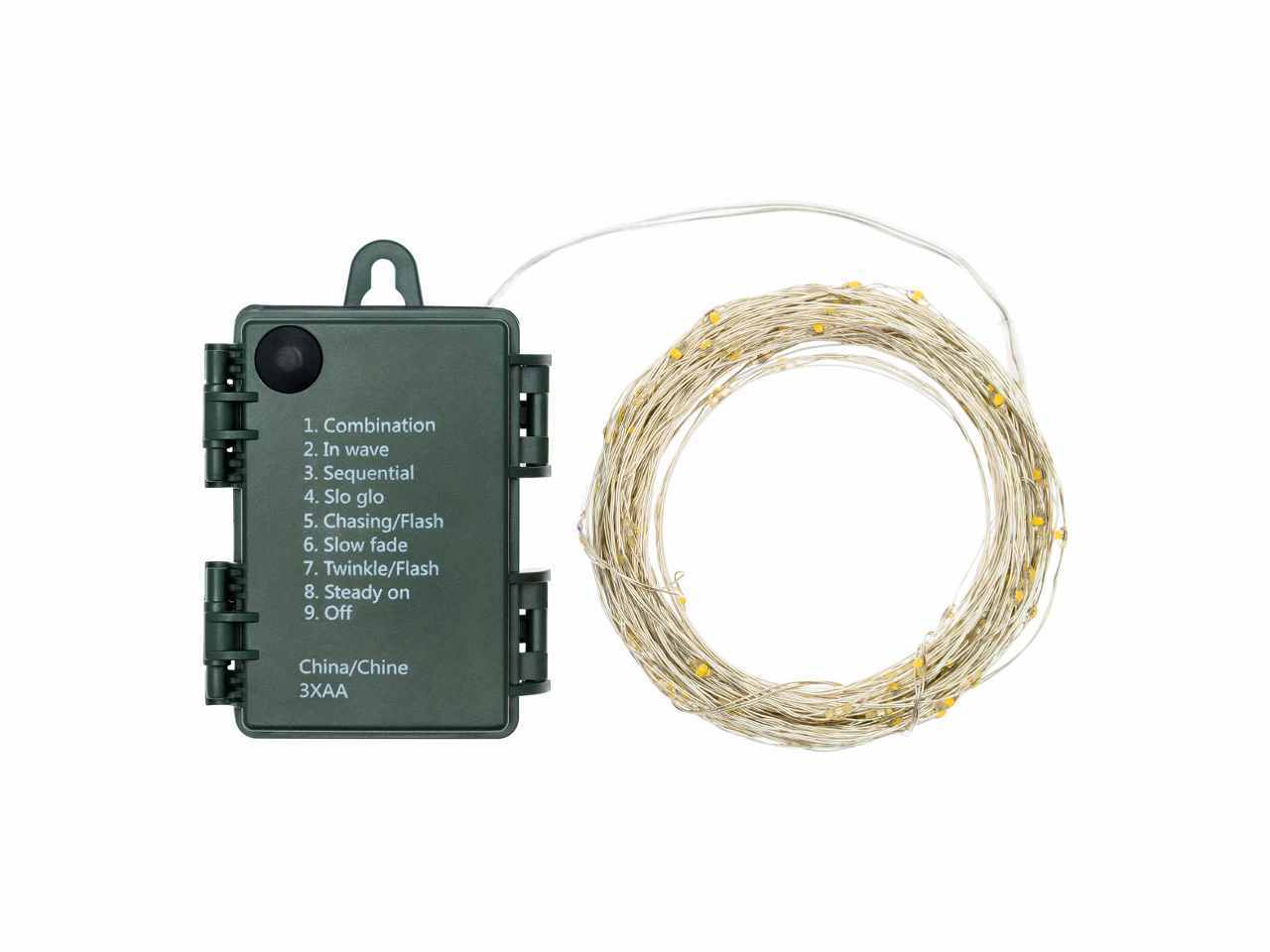 Filo metallo argento 16mt con 160micro led bianco caldo, giochi di luce a batteria 3xAA1,5V (non incluse) per uso interno/esterno IP44