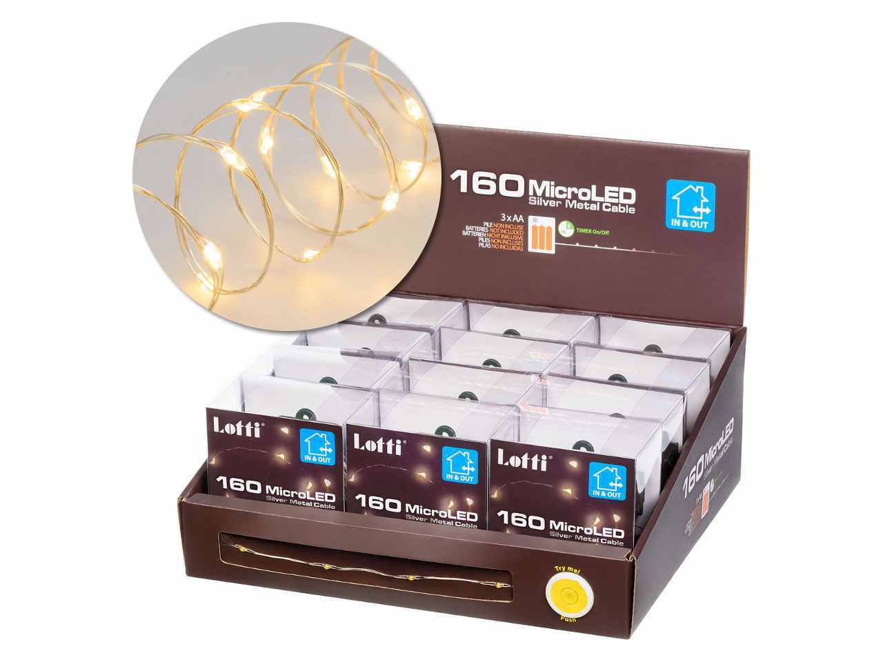 Filo metallo argento 16mt con 160micro led bianco caldo, giochi di luce a batteria 3xAA1,5V (non incluse) per uso interno/esterno IP44