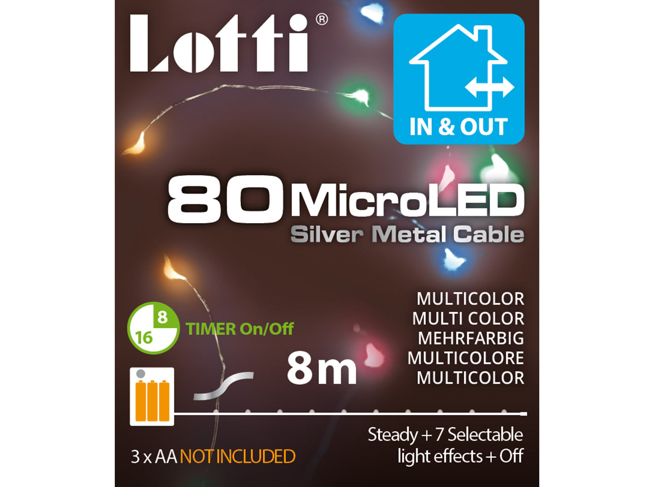 Filo metallo argento 8mt con 80micro led multicolor, giochi di luce a batteria 3xAA1,5V (non incluse) per uso interno/esterno IP44