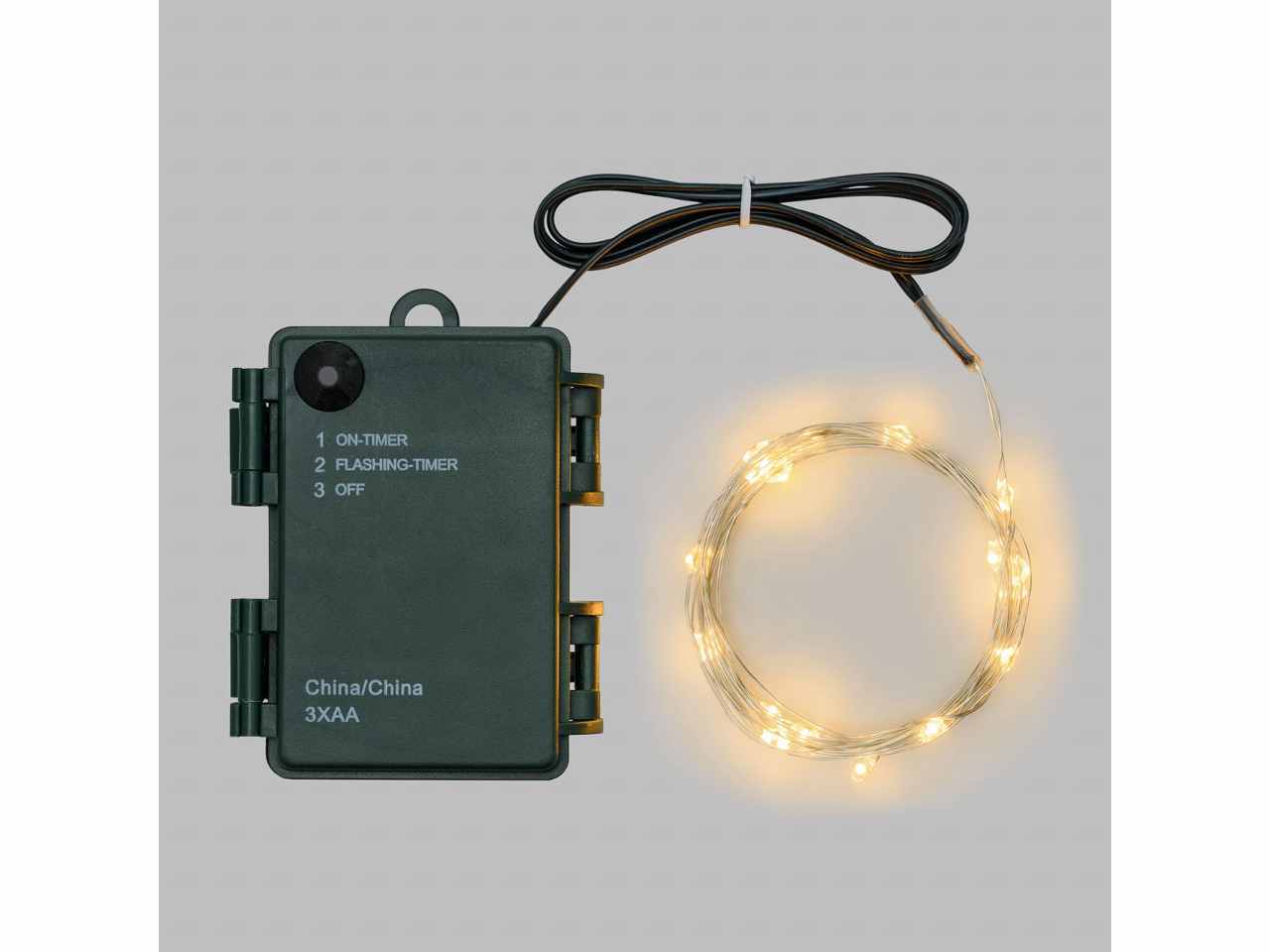 Filo metallo argento 8mt con 80micro led bianco caldo, giochi di luce a batteria 3xAA1,5V (non incluse) per uso interno/esterno IP44
