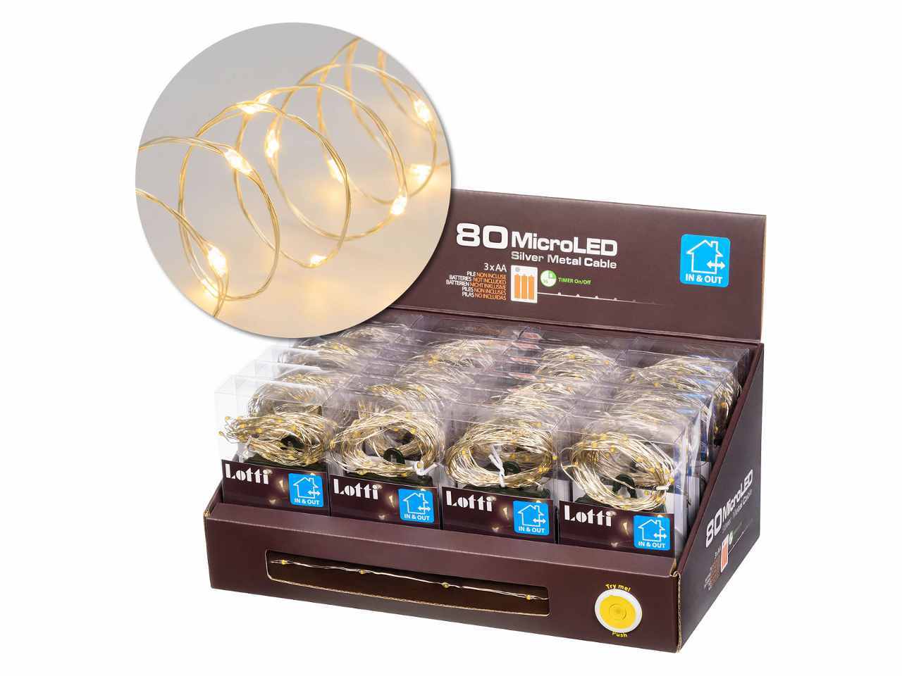 Filo metallo argento 8mt con 80micro led bianco caldo, giochi di luce a batteria 3xAA1,5V (non incluse) per uso interno/esterno IP44