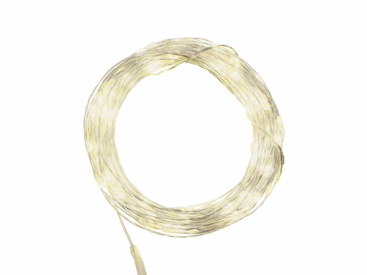Filo metallo argento 8mt con 80micro led bianco caldo, giochi di luce a batteria 3xAA1,5V (non incluse) per uso interno/esterno IP44