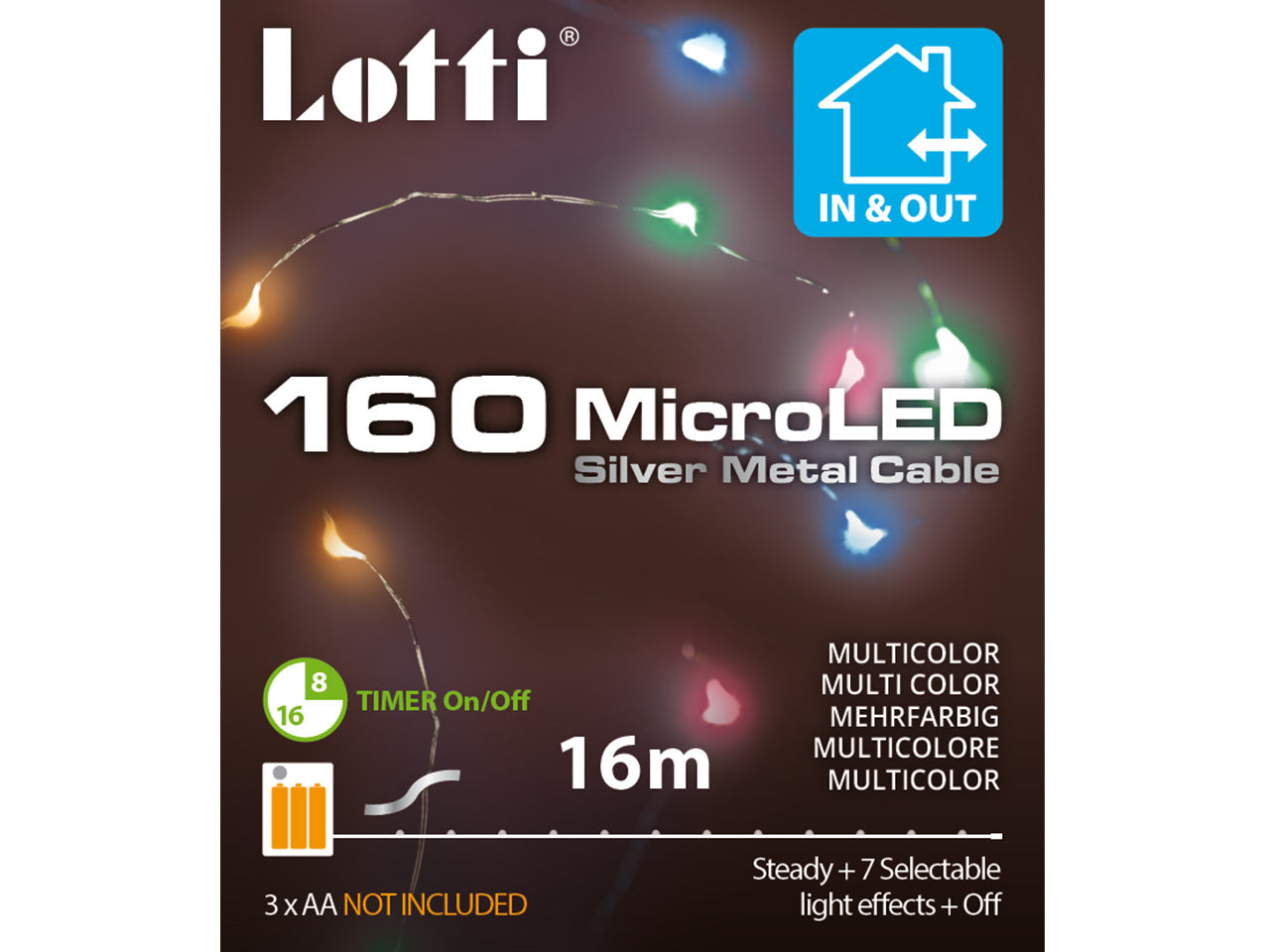 Filo metallo argento 16mt con 160micro led multicolor, giochi di luce a batteria 3xAA1,5V (non incluse) per uso interno/esterno IP44