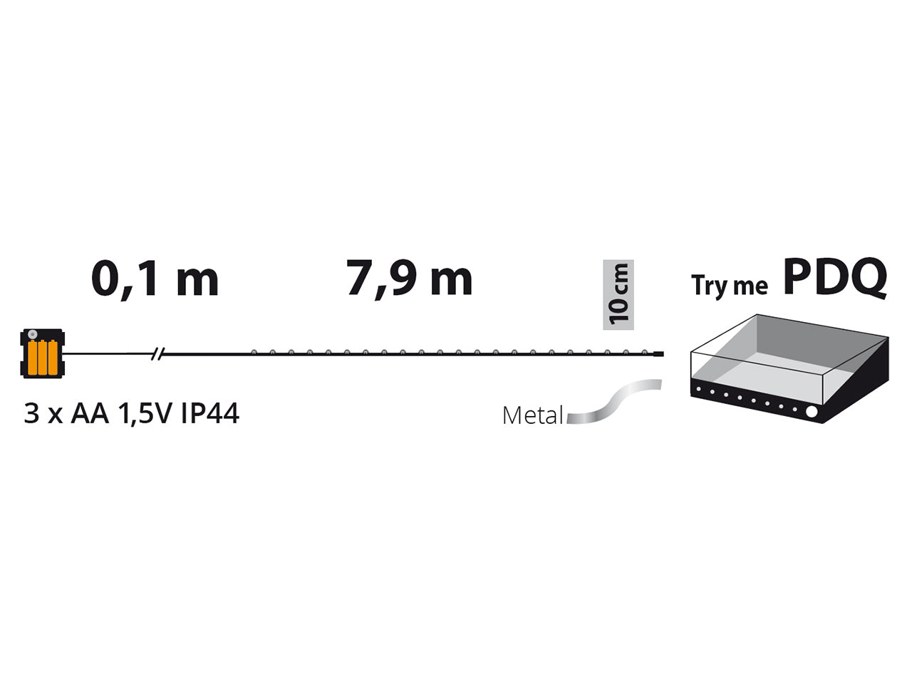 Filo metallo argento 8mt con 80micro led bianco freddo, giochi di luce a batteria 3xAA1,5V (non incluse) per uso interno/esterno IP44