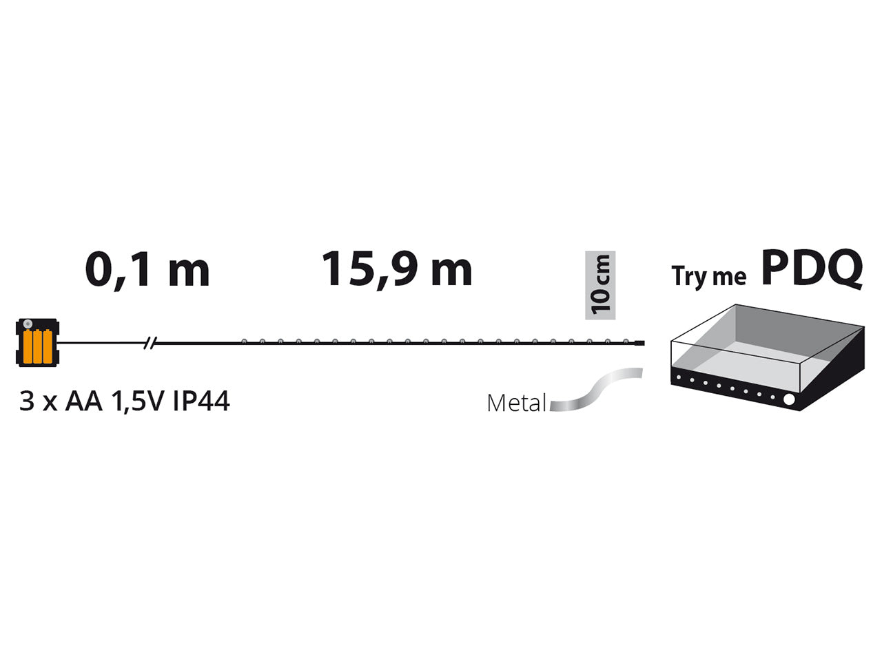 Filo metallo argento 16mt con 160micro led freddo, giochi di luce a batteria 3xAA1,5V (non incluse) per uso interno/esterno IP44