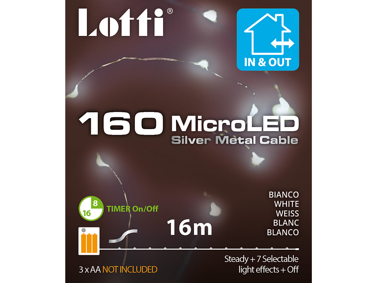 Filo metallo argento 16mt con 160micro led freddo, giochi di luce a batteria 3xAA1,5V (non incluse) per uso interno/esterno IP44