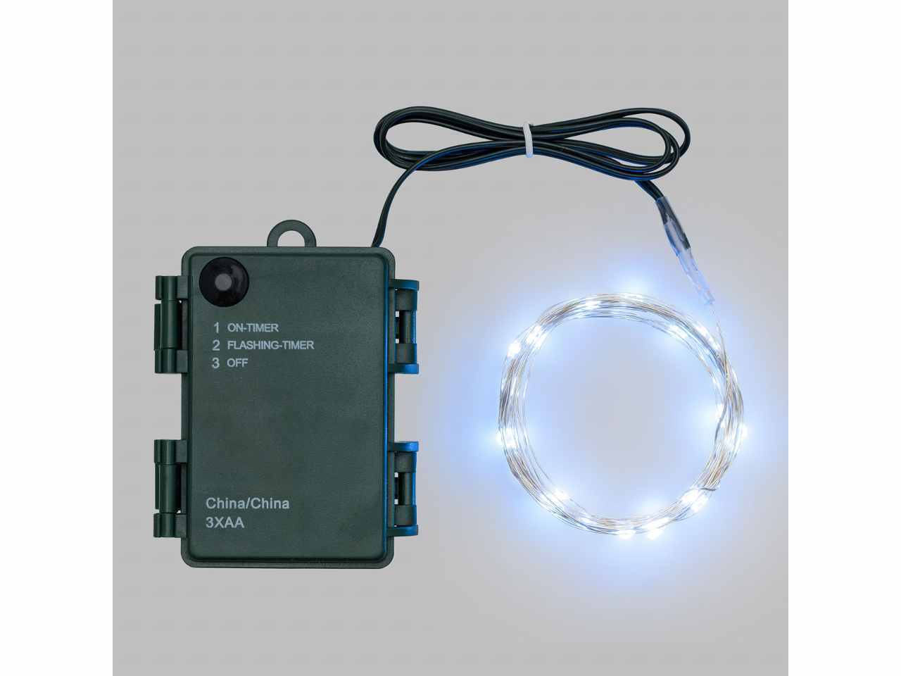Filo metallo argento 16mt con 160micro led freddo, giochi di luce a batteria 3xAA1,5V (non incluse) per uso interno/esterno IP44