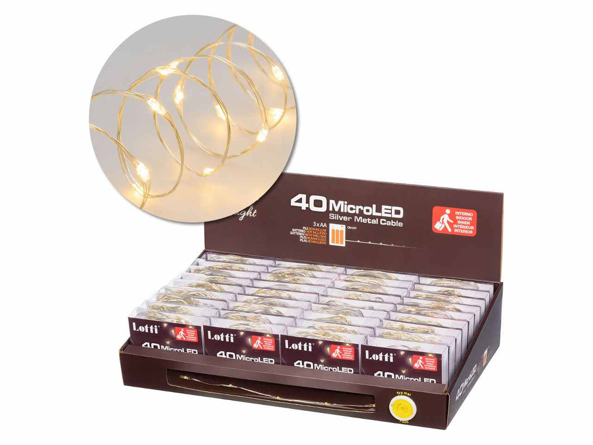 Luci con filo in metallo argento 4mt, 40 micro led bianco caldo, luce fissa, a batteria 3xAA 1,5V non incluse