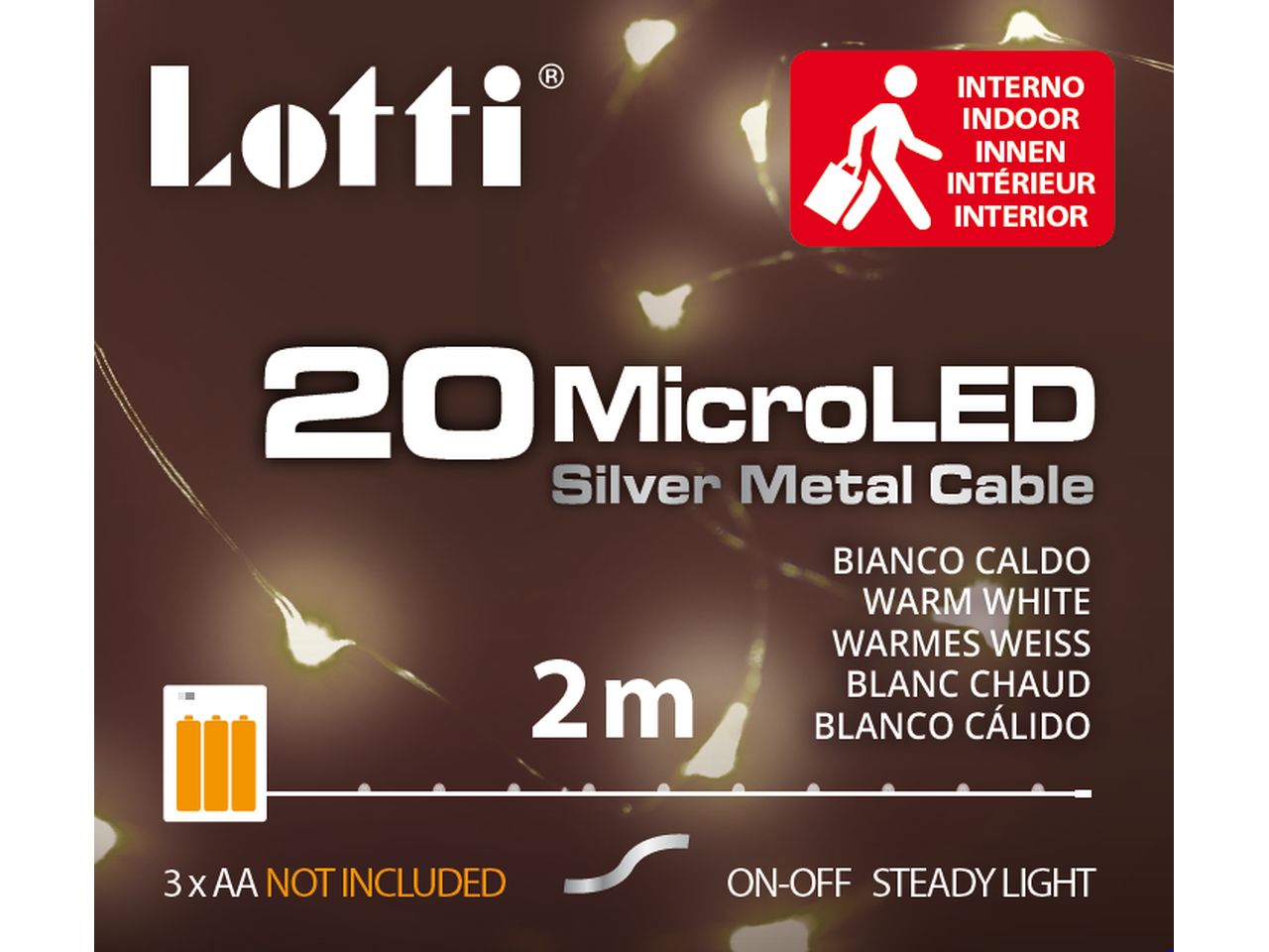 Filo metallo argento 2mt con 20micro led bianco caldo luce fissa a batteria 3xAA1,5V non incluse