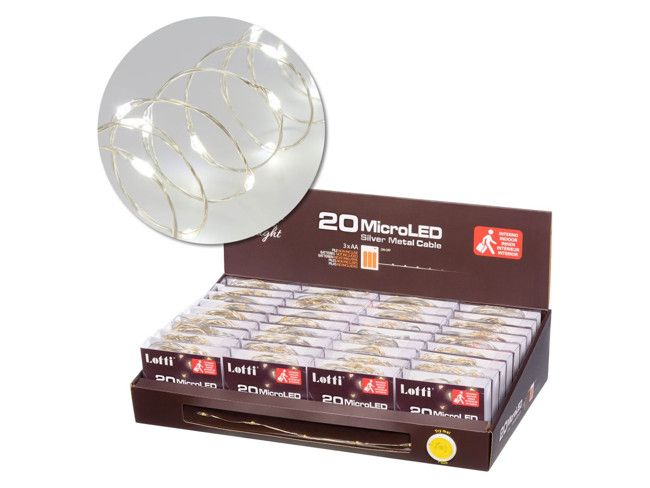 Luci con filo in metallo argento 2mt, 20 micro led bianco freddo, luce fissa, a batteria 3xAA 1,5V non incluse