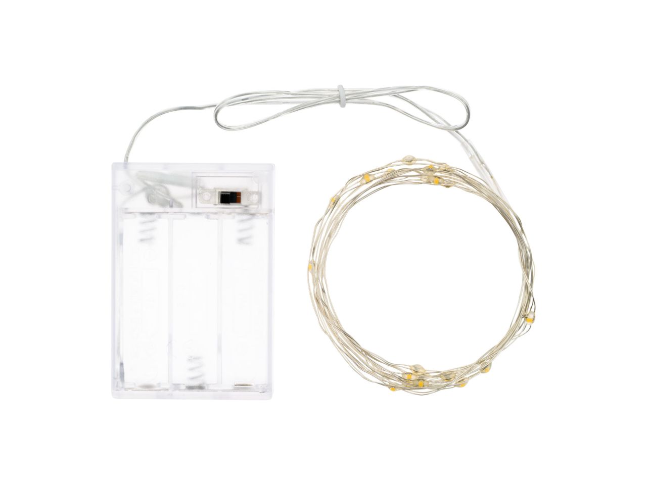 Luci con filo in metallo argento 2mt, 20 micro led bianco freddo, luce fissa, a batteria 3xAA 1,5V non incluse