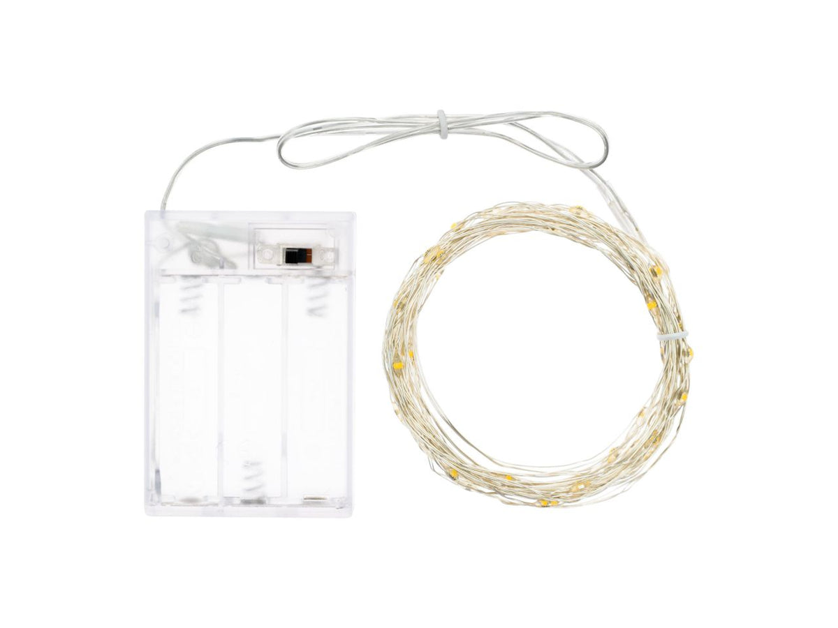 Luci con filo in metallo argento 4mt, 40 micro led bianco freddo, luce fissa, a batteria 3xAA 1,5V non incluse