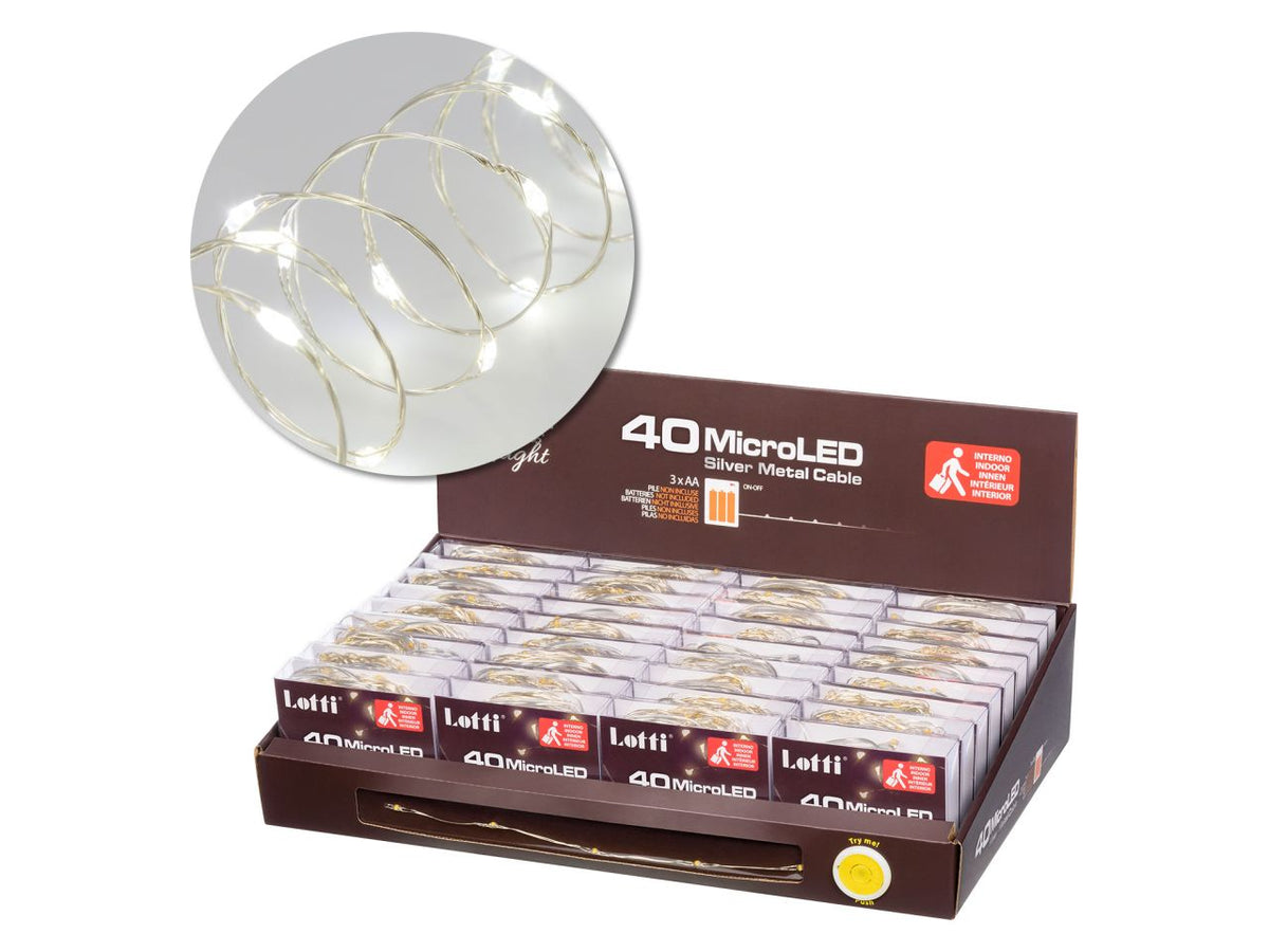Luci con filo in metallo argento 4mt, 40 micro led bianco freddo, luce fissa, a batteria 3xAA 1,5V non incluse