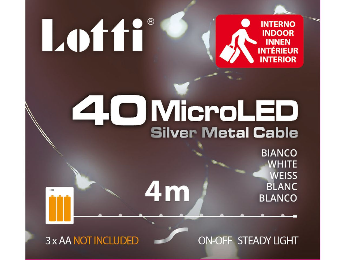 Luci con filo in metallo argento 4mt, 40 micro led bianco freddo, luce fissa, a batteria 3xAA 1,5V non incluse