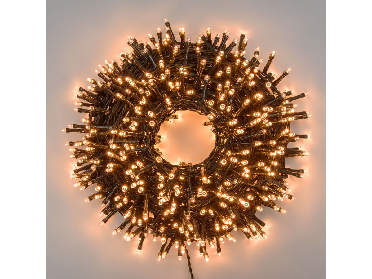 Catena 1500led bianco caldo con 8 giochi di luce, filo 4+30,5mt per alberi h.240-300cm