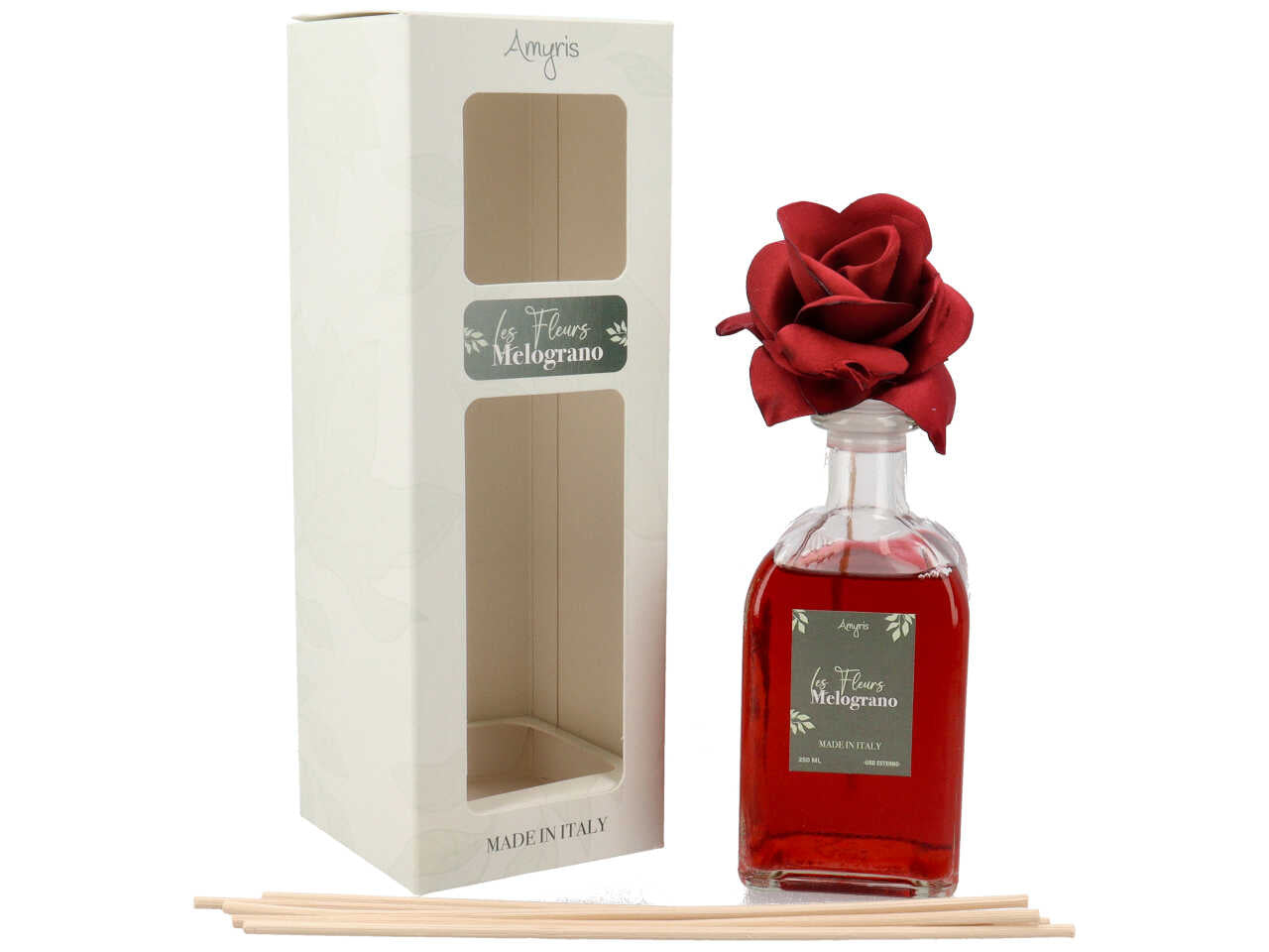 Diffusore ambiente bastoncini melograno 250 ml, in vetro con fiore rosso e midollini in rattan - Amyris