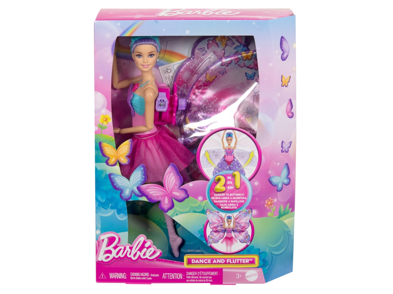 Barbie - Ali Scintillanti bambola dai capelli viola trasformazione 2 in 1 da ballerina a farfalla con ali apribili cerchietto e tutÃ¹ rimovibile inclusi giocattolo per bambini 3+ anni HXJ10
