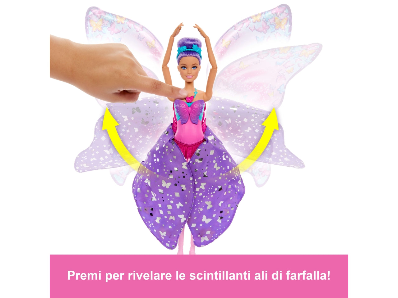 Barbie - Ali Scintillanti bambola dai capelli viola trasformazione 2 in 1 da ballerina a farfalla con ali apribili cerchietto e tutÃ¹ rimovibile inclusi giocattolo per bambini 3+ anni HXJ10