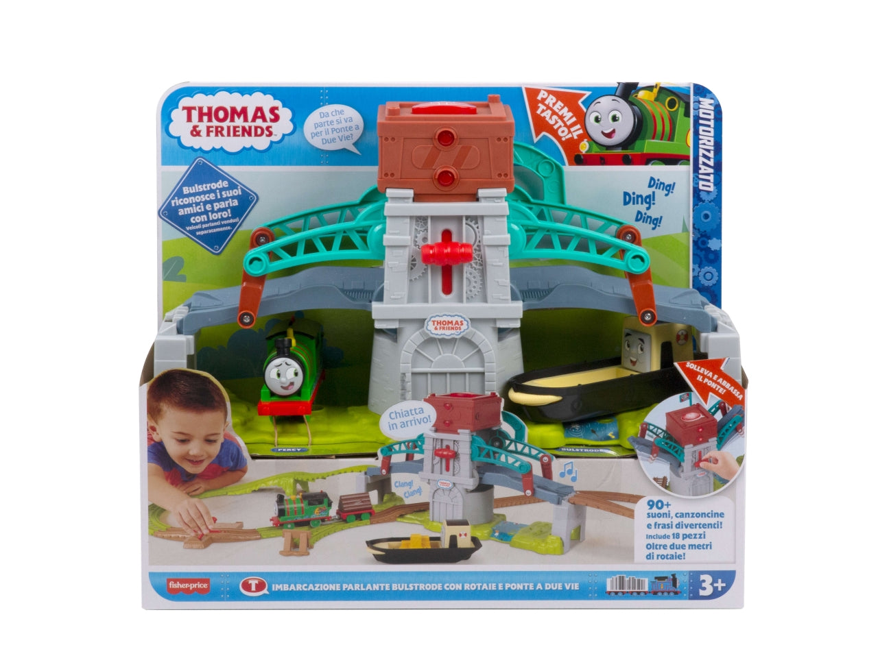 Il Trenino Thomas - Bulstrode e Ponte direzionabile playset pista di 24 metri con locomotiva Percy inclusa ponte mobile con pulsante per attivare i suoni giocattolo per bambini 3+ anni HYR82