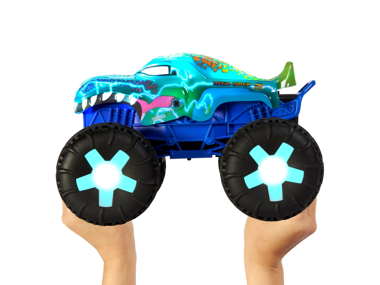 Hot Wheels Monster Trucks - Mega-Wrex oversize R/C truck radiocomandato in scala 1:15 con 3 modalitÃ  di gioco luci e suoni interattivi giocattolo per bambini 5+ anni JBD90