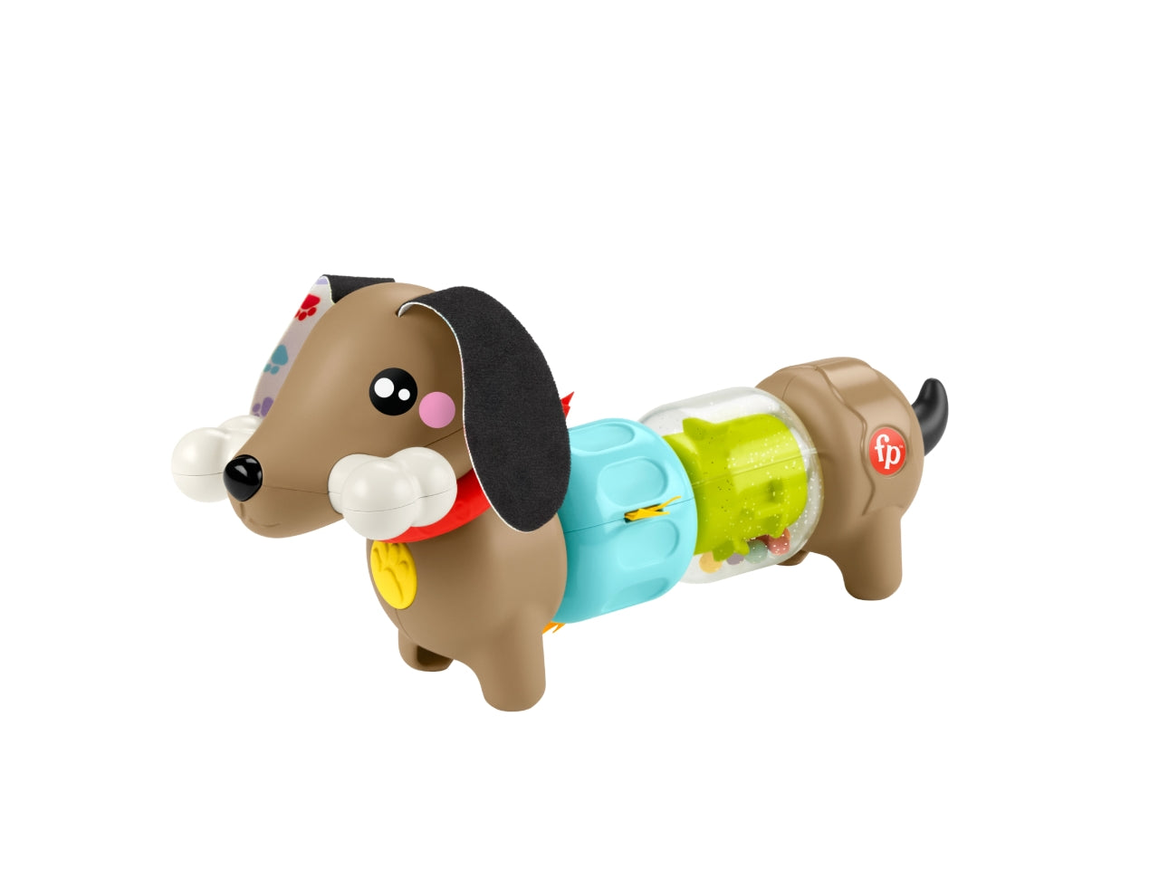 Fisher-Price Pets - Bassotto Gira e Gioca cucciolo per il gioco sensoriale con sonaglino e coda girevole clac clac orecchie e lingua morbide giocattolo per bambini 6+ mesi HTW91