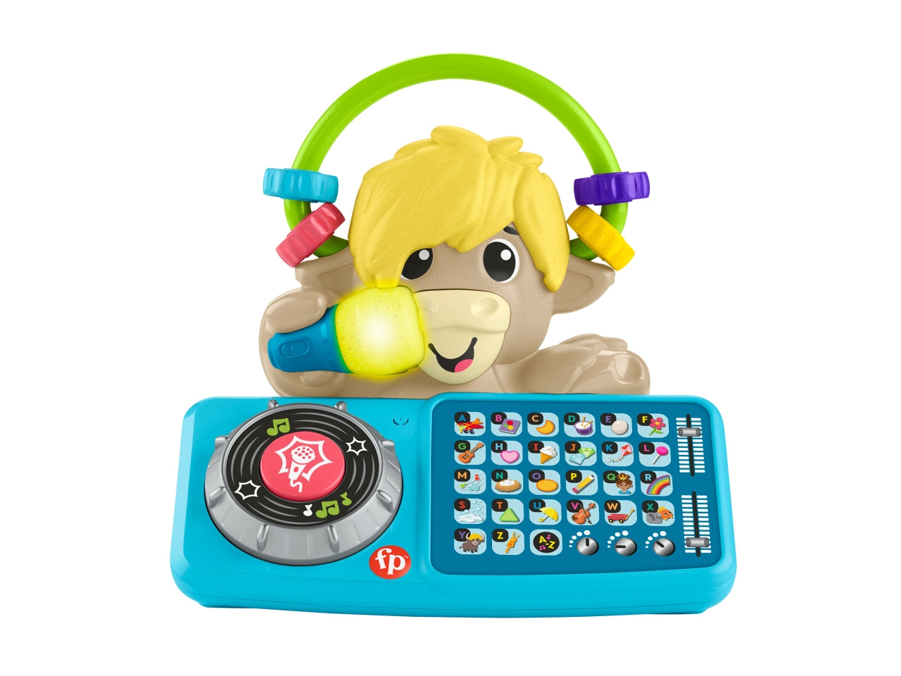 Fisher- Price Animal Band - Lello il Torello Prime Parole toro interattivo per l'apprendimento con tasti a forma di lettera e 115 canzoni luci e microfono giocattolo per bambini 9+ mesi HYL01