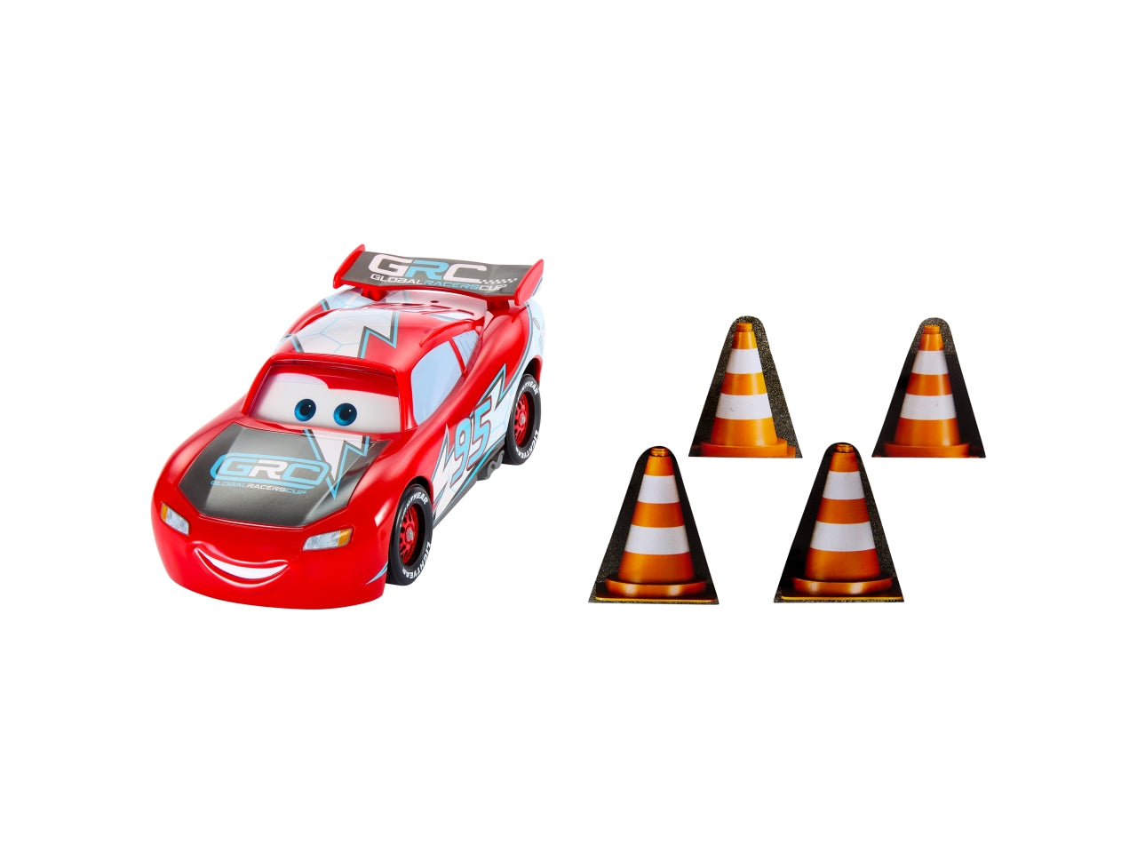 Mattel CARS - Saetta McQueen Corsa Globale Derapa e Sfreccia veicolo con interruttore e 2 modalitÃ  rettilineo e sfreccia 4 coni per realizzare la pista giocattolo per bambini 3+ anni HXJ34