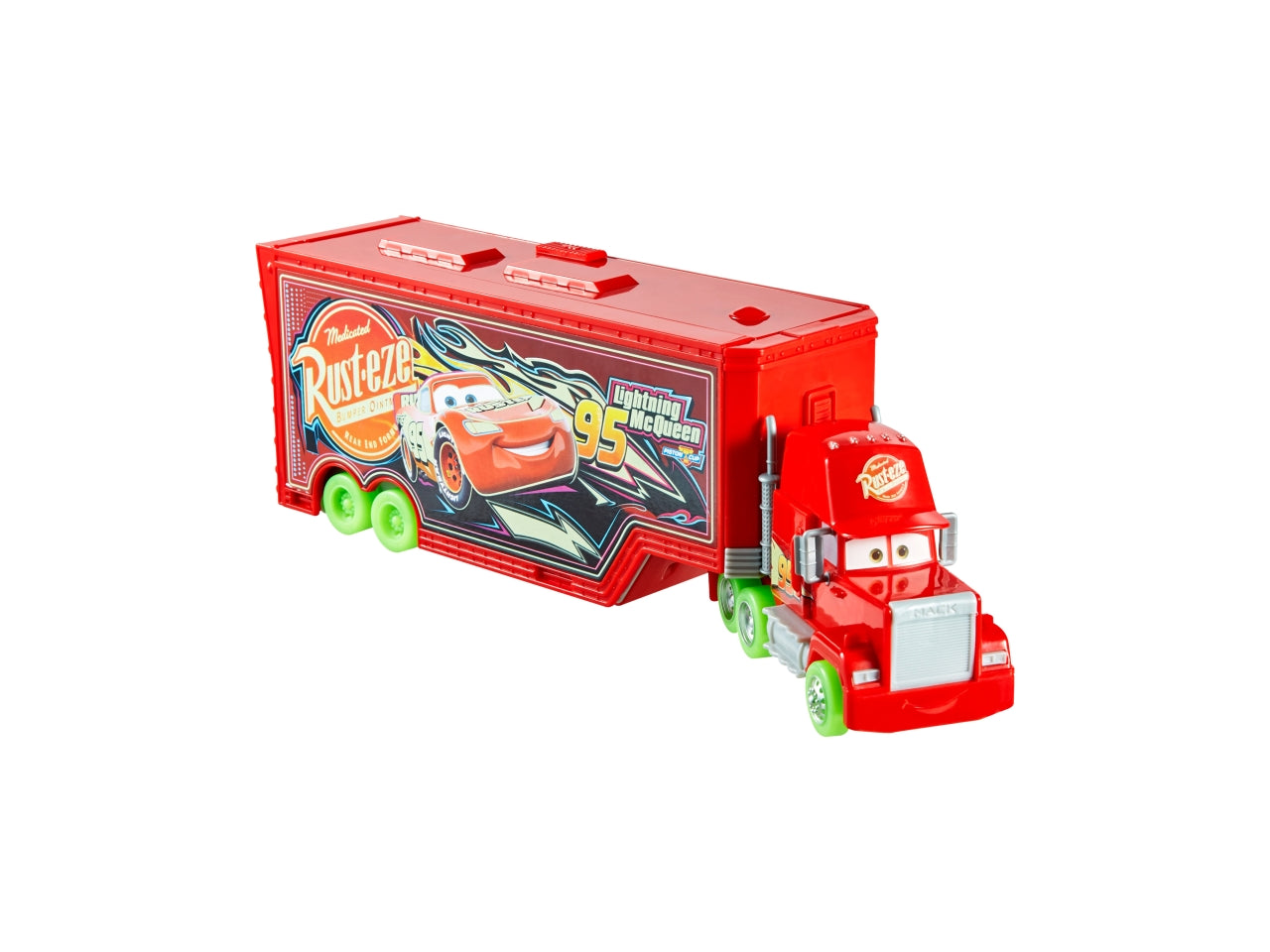 Disney Pixar CARS - Mack Trasportatore Auto Luminose, playset con truck fluorescente 2 in 1 e officina, lanciatore, ponte sollevatore e tanti accessori inclusi, giocattolo per bambini, 3+ anni - Mattel
