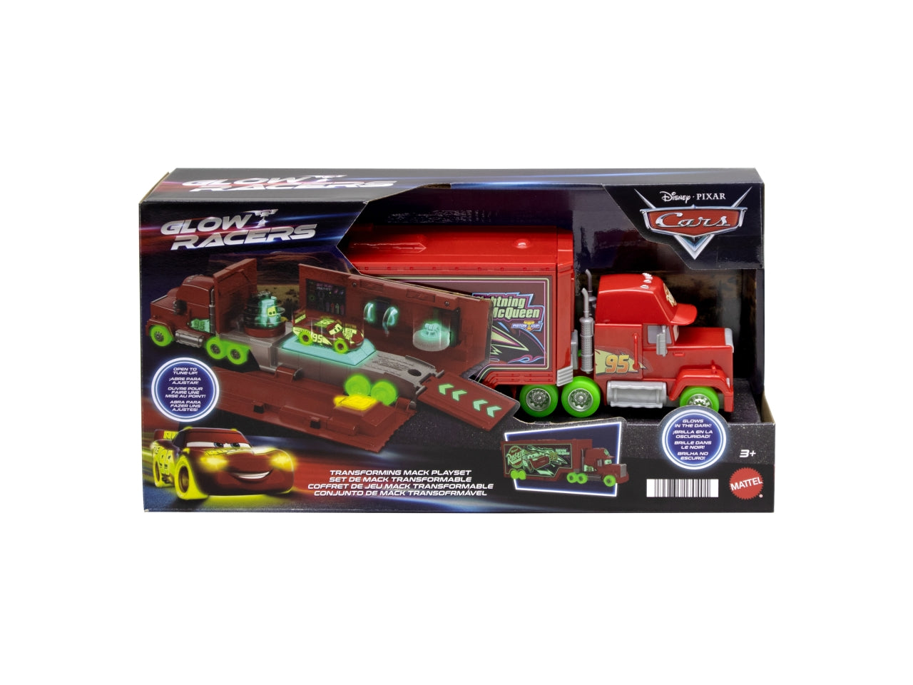 Disney Pixar CARS - Mack Trasportatore Auto Luminose, playset con truck fluorescente 2 in 1 e officina, lanciatore, ponte sollevatore e tanti accessori inclusi, giocattolo per bambini, 3+ anni - Mattel