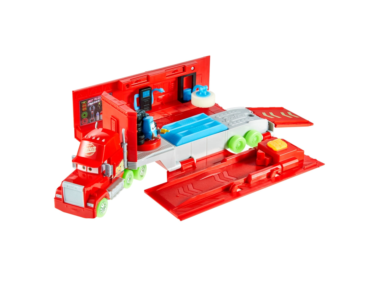 Disney Pixar CARS - Mack Trasportatore Auto Luminose, playset con truck fluorescente 2 in 1 e officina, lanciatore, ponte sollevatore e tanti accessori inclusi, giocattolo per bambini, 3+ anni - Mattel