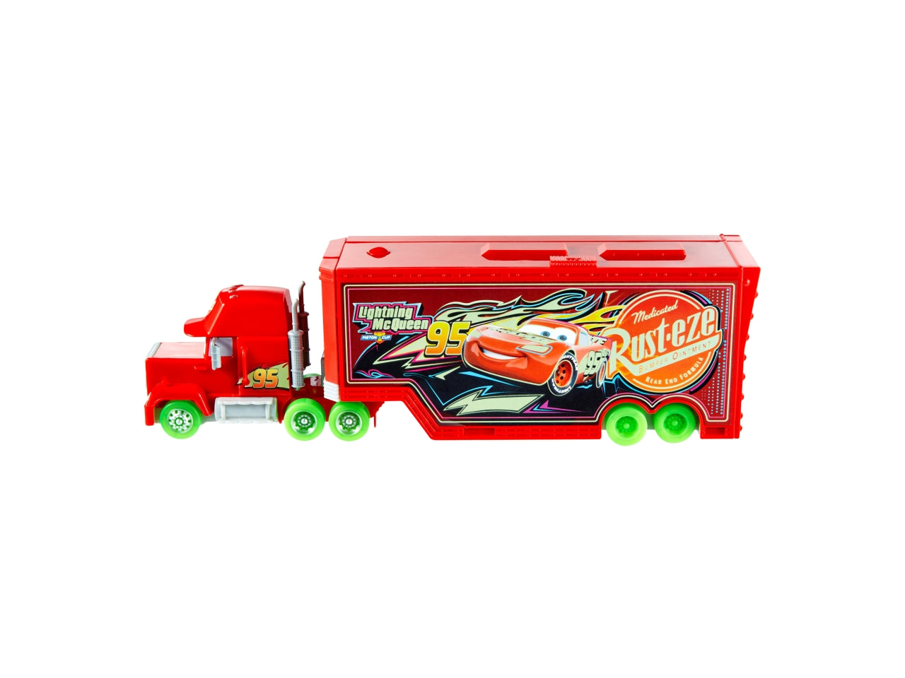 Disney Pixar CARS - Mack Trasportatore Auto Luminose, playset con truck fluorescente 2 in 1 e officina, lanciatore, ponte sollevatore e tanti accessori inclusi, giocattolo per bambini, 3+ anni - Mattel