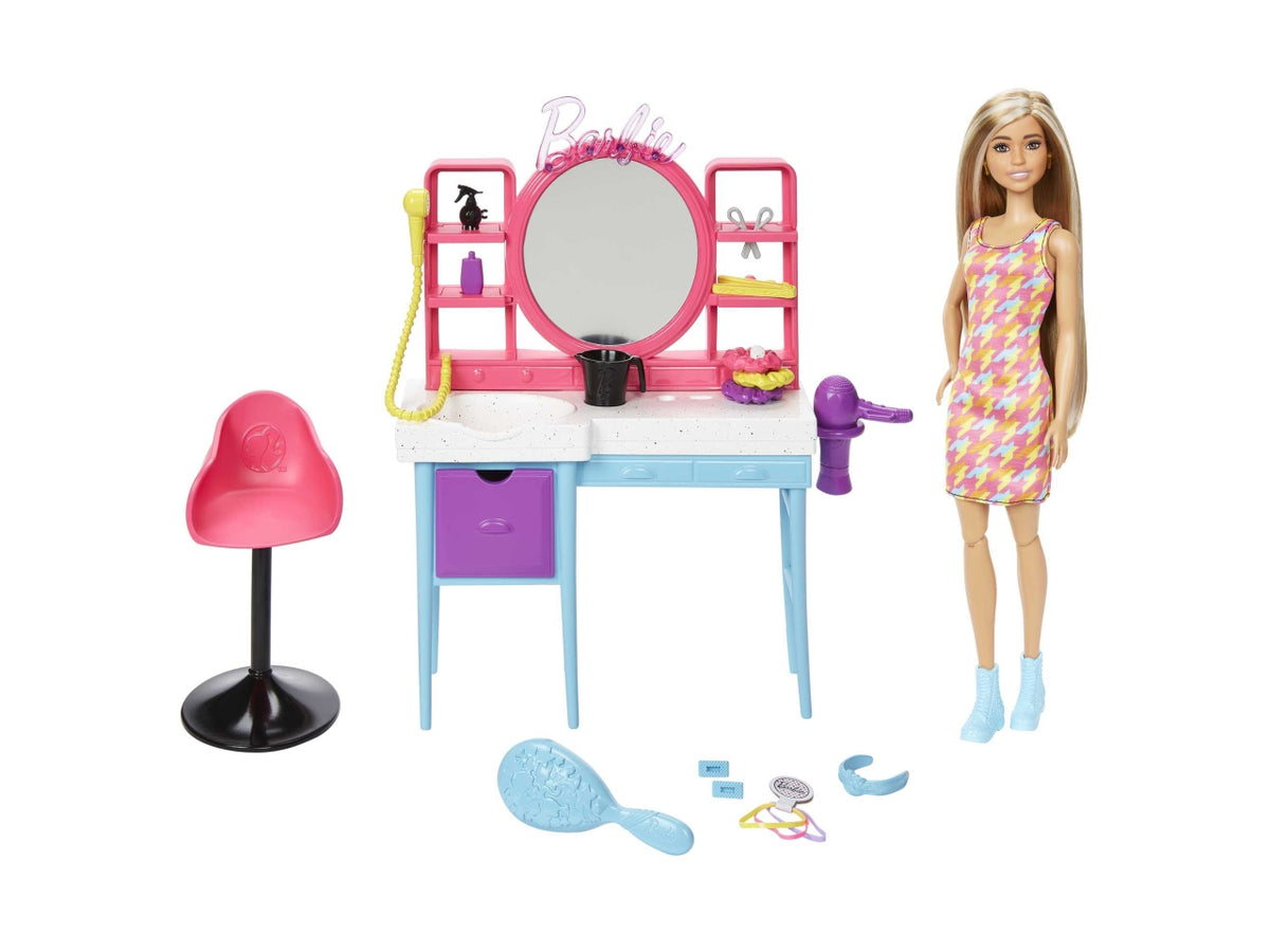 Barbie - Playset Salone di Bellezza Bambola Super Chioma, include 1 bambola con capelli lunghi cambia-colore, abito pied-de-poule e 15+ accessori per capelli, giocattolo per bambini, 3+ anni - Mattel