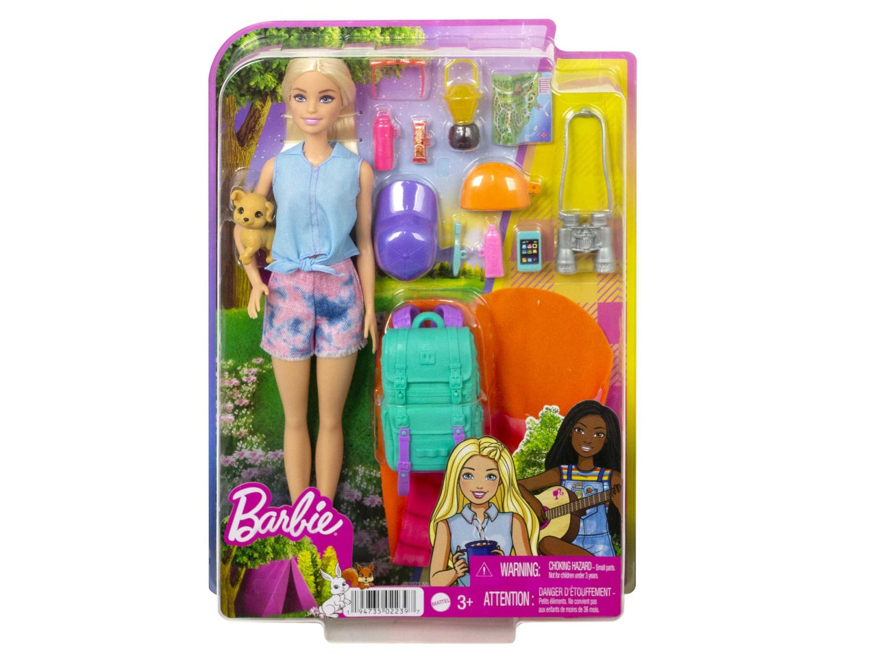 Barbie Siamo in Due Malibu in Campeggio Bambola Bionda con Cagnolino, Zaino, Sacco a Pelo e Accessori da Campeggio, Giocattolo per Bambini 3+ Anni - Mattel